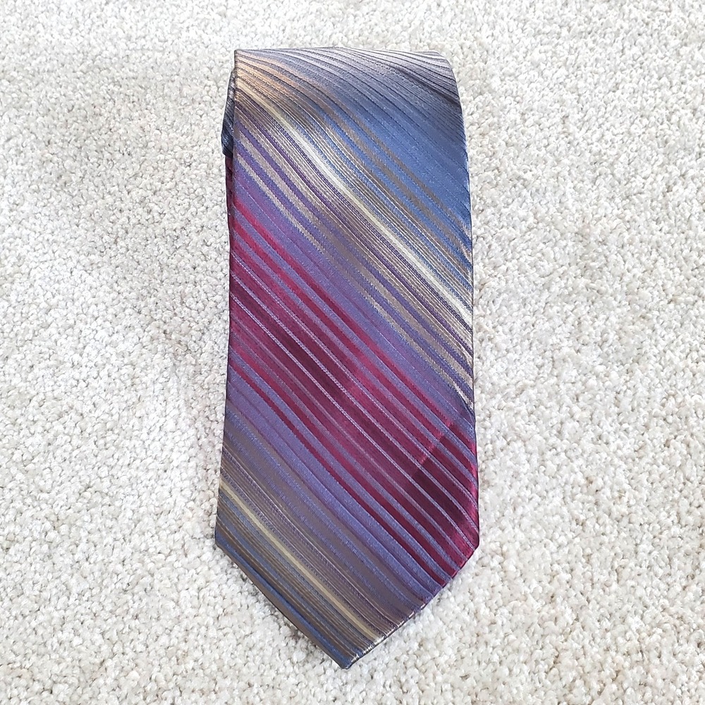Calvin‎ Klein Men's Neck Tie Wine & Blue Stripe 100% Silk Extra Long 64" NWTG